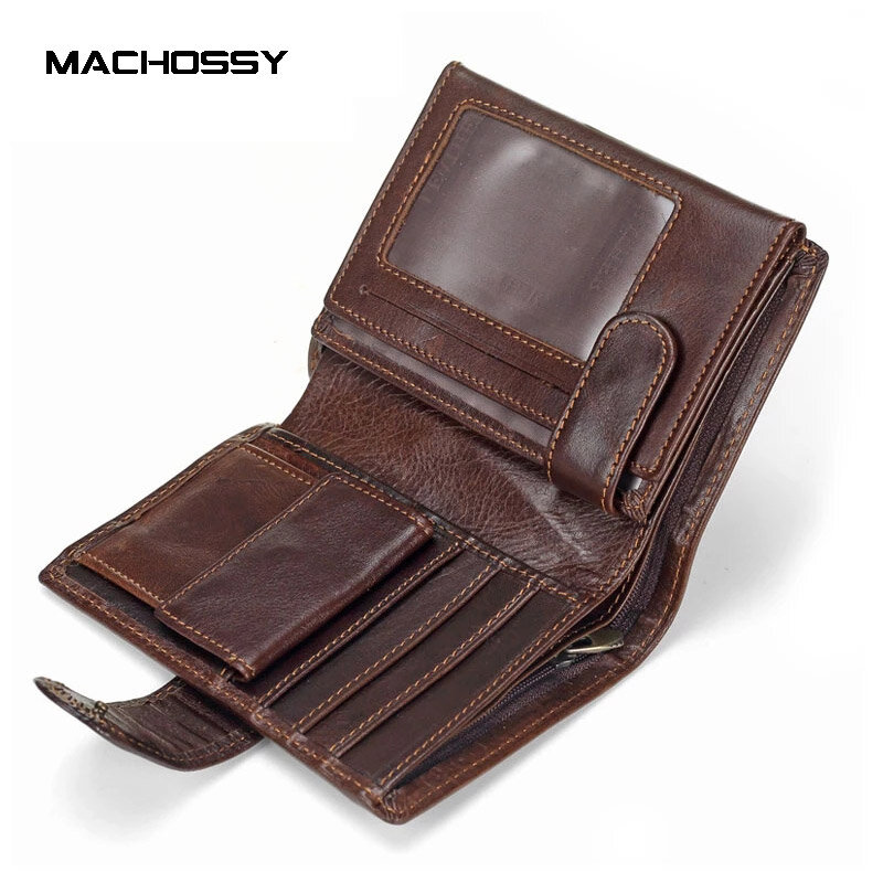 MACHOSSY Men Wallet Cowhide Genuine Leather Wallets Coin Purse Clutch Hasp Open Top Quality Retro Short Wallet 13.5cm*10cm