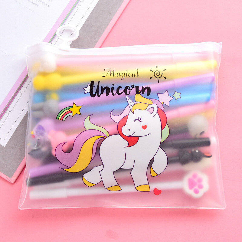 10 Buah/Set Pena Gel Lucu Kawaii Pola Acak Unicorn Pony 0.5M Pena Tinta Gel Hitam Hadiah Pemasok Alat Tulis Kantor Sekolah