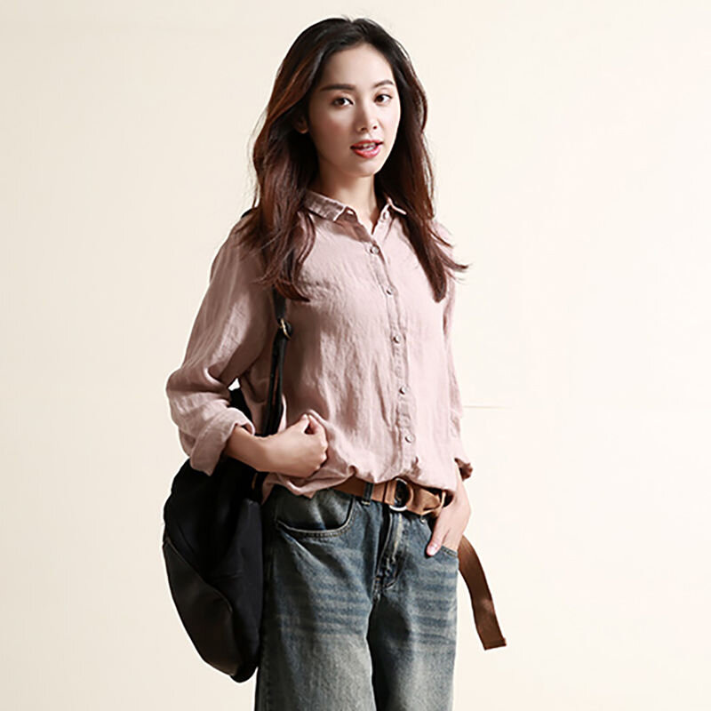 Chemises amples à manches longues pour femmes, chemisiers coréens en coton et lin assortis avec tout, hauts-automne S377