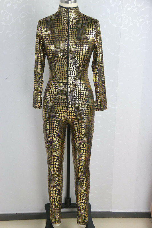 Vrouwen Sexy Metal Snake Skin Faux Leather Zipper Fornt Bandage Bodycon Jumpsuit Bodysuit Catsuit Overall Golden Black