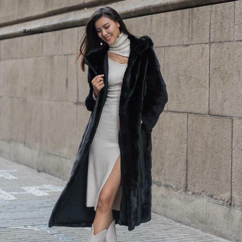 따뜻한 인조 모피 후드 롱 코트 및 재킷 여성용, 한국 스타일 블랙 겨울 긴팔 외투
