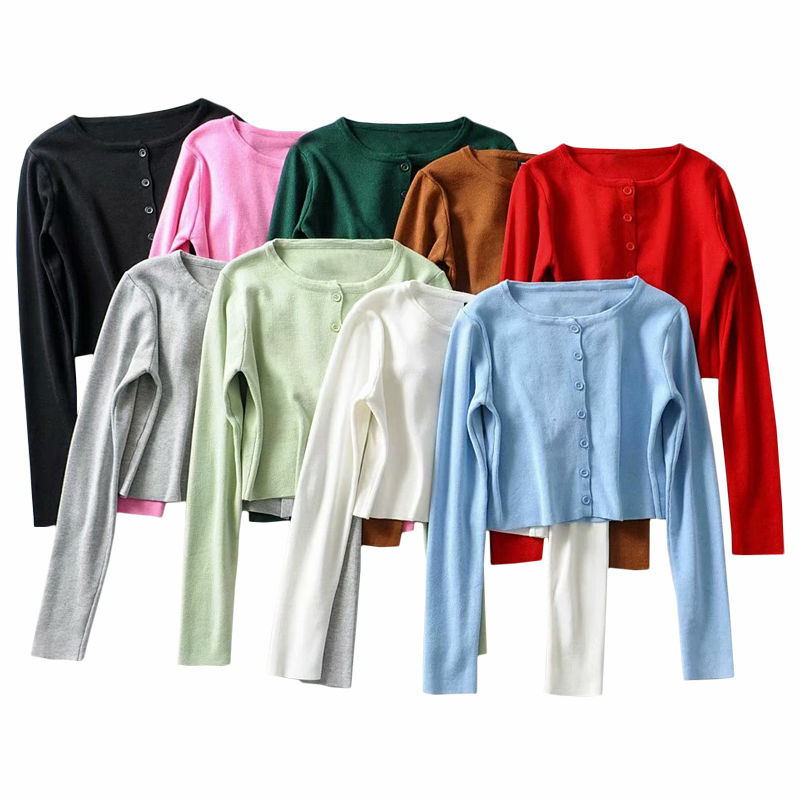 Suéter de malha curta estilo coreano, blusão feminino fino com decote redondo, botão frontal aberto, manga curta, proteção solar