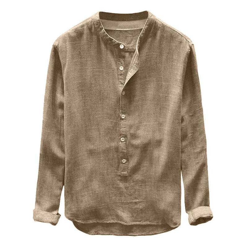 Fashion Mens Autumn Winter Button Casual Linen and Cotton Long Sleeve Top Blouse