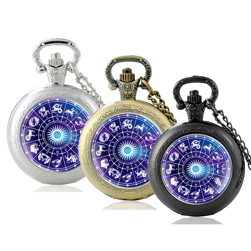 Clássico doze constelações astrologia cabochon de vidro relógio de bolso de quartzo vintage masculino feminino pingente colar corrente horas relógio