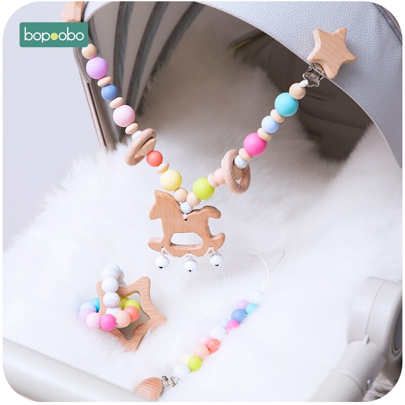 Baby Toy Wooden Pram Clip Baby Mobile Pram Personalize Silicone Bead Pacifier Chain Chewable Silicone Rattle Baby Wooden Teether