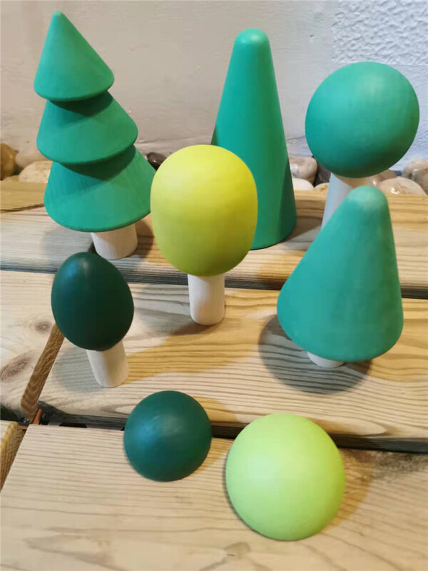 Mainan Kayu Montessori Elemen Pelangi Susun Blok/Unpaint Kayu Pohon Bangunan Stacker Mobil Gunung Berapi Karang Gelombang Laut