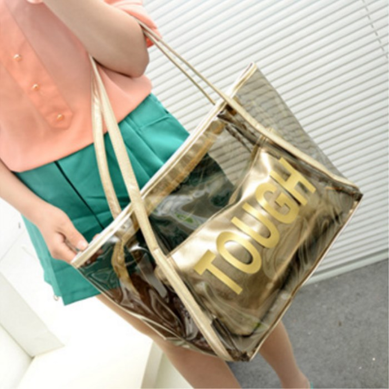 Bolso de mano transparente para mujer, bolsa de playa con estampado de letras grandes de Pvc, interior pequeño, Pu