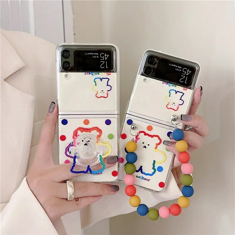 Korea Cartoon Telefon Fällen Für Samsung Galaxy Z Flip 4 3 5G Nette Armband Halter Klar Harte PC Abdeckung fall Für Samsung Z Flip 1 2