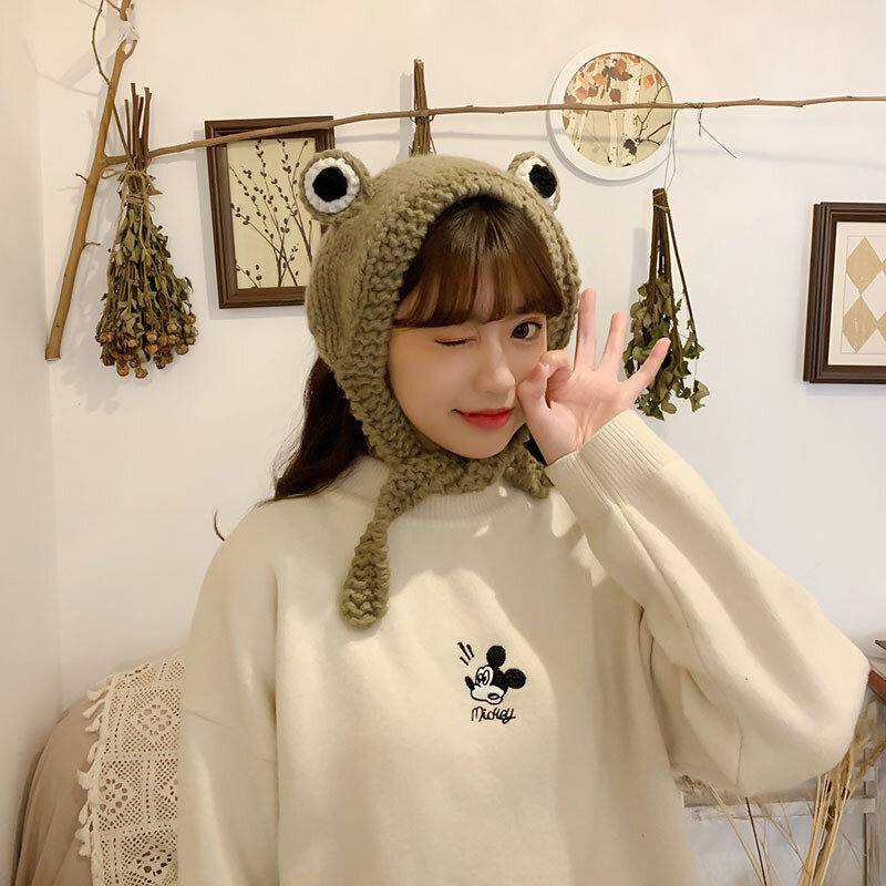 Frog Headband Hat Cute Crochet Knitted Headband Outdoors Big Eye Frog Cap Earflap Ear Protective Hair Accessories