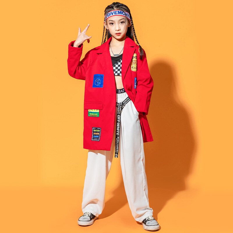 Kid Kpop Hip Hop Kleding Wit Rood Lange Blazer Jas Tank Crop Top Streetwear Casual Broek Voor Meisje Jongen Dans kostuum Kleding