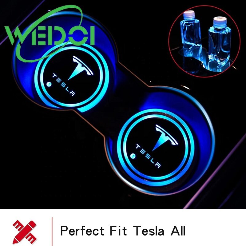 WEDOI Lampu Tempat Gelas Mobil LED untuk Model Tesla 3/Y/S/X Berubah Alas Cangkir Luminescent Aksesori Suasana LED