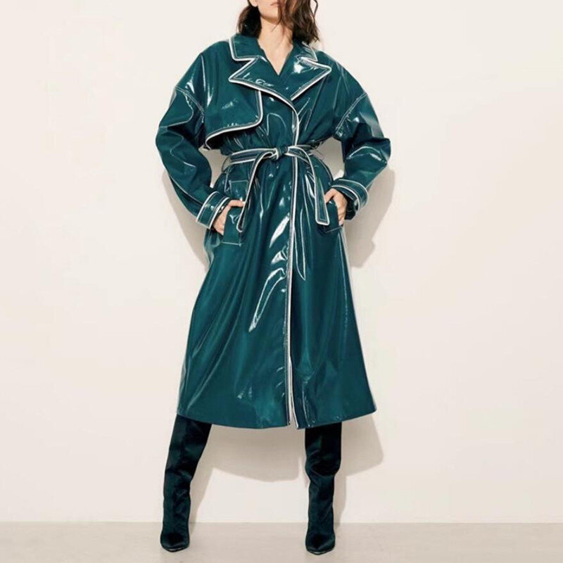 Alta qualidade couro do plutônio brilhante blusão feminino outono rua moda manga longa cinto fino casaco de couro veste femme s1388