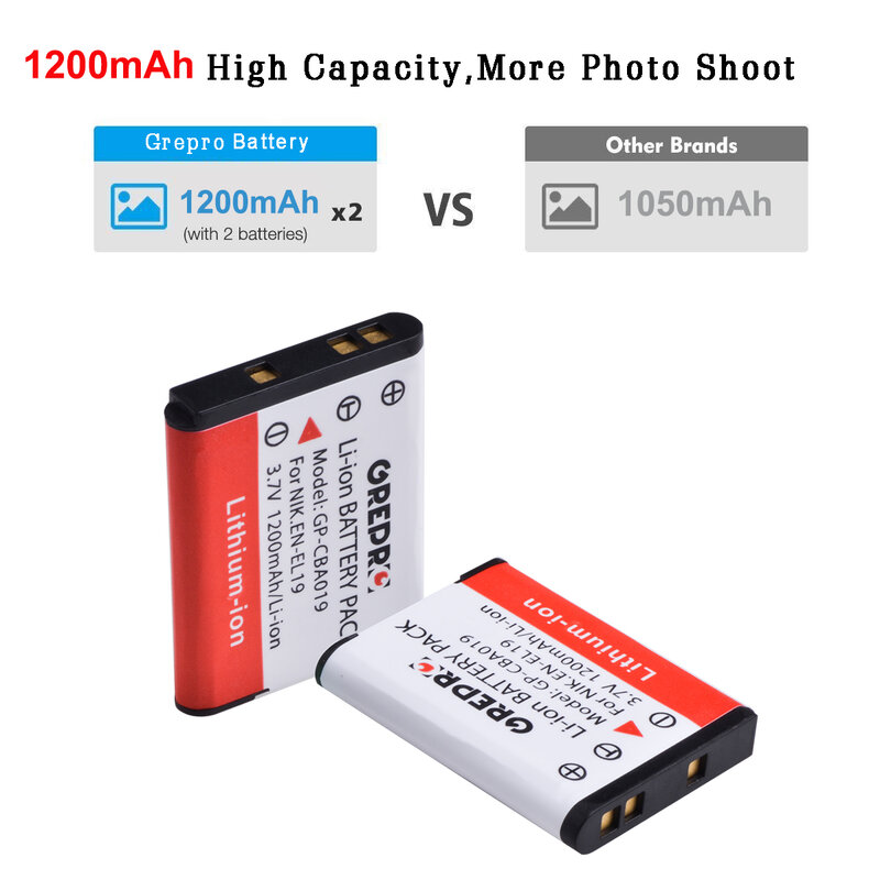 Bateria com carregador para Nikon, NP-BJ1, EN EL19, EN-EL19, Coolpix 3700, S5200, S3100, S2800, S3400, S6600, W100, S2600, S2700, S3500, 1200mAh