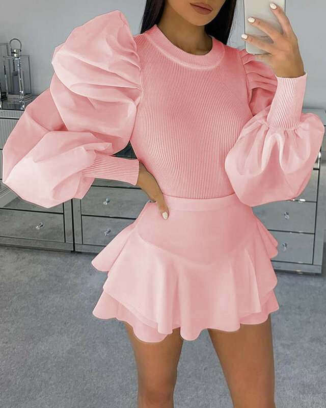 퍼프 프릴 긴 소매 여성 블라우스 2020 패션 솔리드 블랙 화이트 핑크 셔츠 탑스 티셔츠 숙녀 슬림 점퍼 풀오버 셔츠