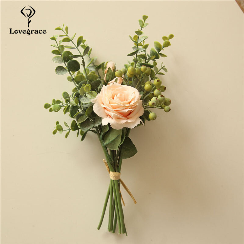 Lovegrace-Bouquet de feuilles d'eucalyptus artificielles, fleur de mariage, rose de demoiselle d'honneur, accessoires de centre de table, mariée