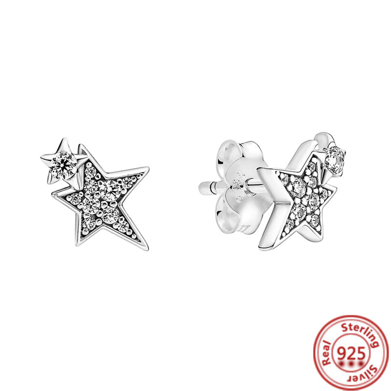 Authentic 925 Sterling Silver Feather Flower Heart Asymmetric Star Clear Zircon Pantaro Earrings Women DIY Jewelry Free Shipping