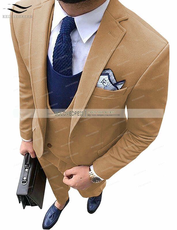 Ternos masculinos de lã tweed, nova moda com três peças, slim fit, formal, lapela, estilo groomman (blazer + colete + calça), 2020