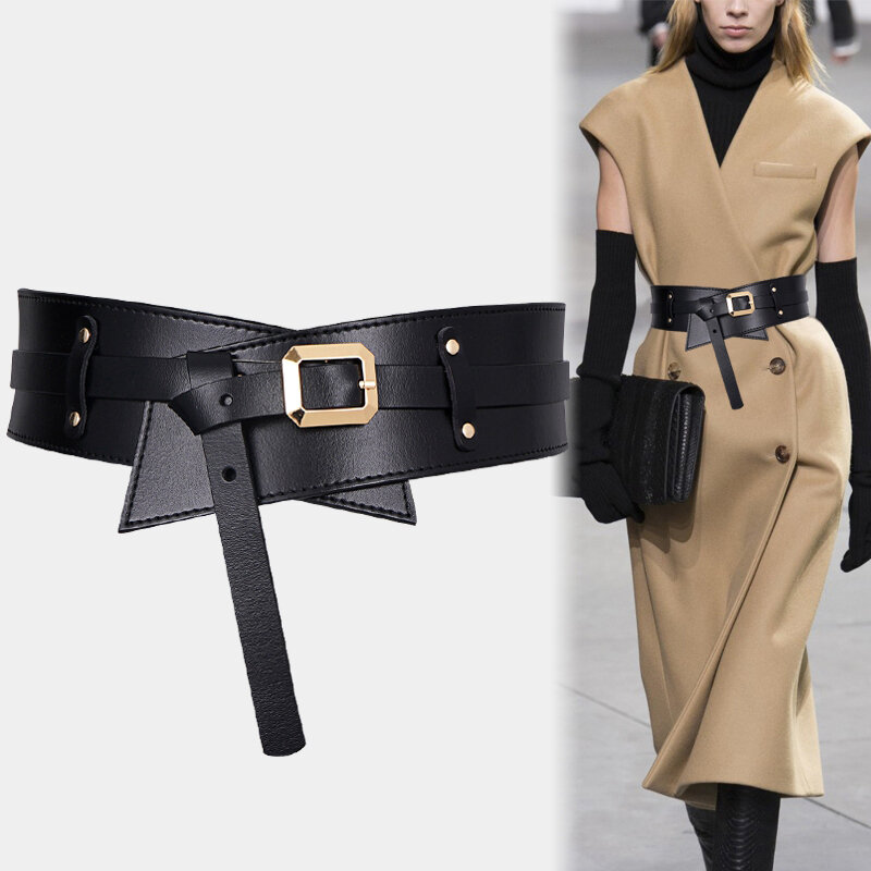Cinturones con nudo para abrigo de color caqui, cinturones superanchos de cuero Pu suave, negros, sexys, con hebilla dorada y sello en la cintura para mujer