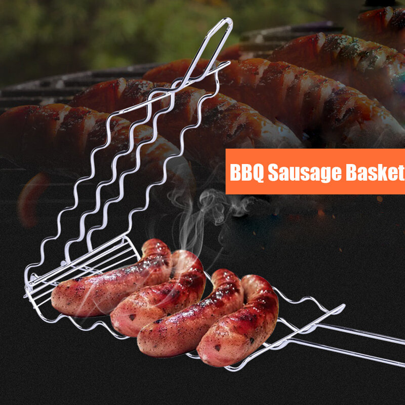 BBQ Barbecue Sausage Grilling Basket Hot Dog Rack Metal Mesh Baskets Grill Rack Barbecue Baskets Great Grill For 6 Hot Dogs