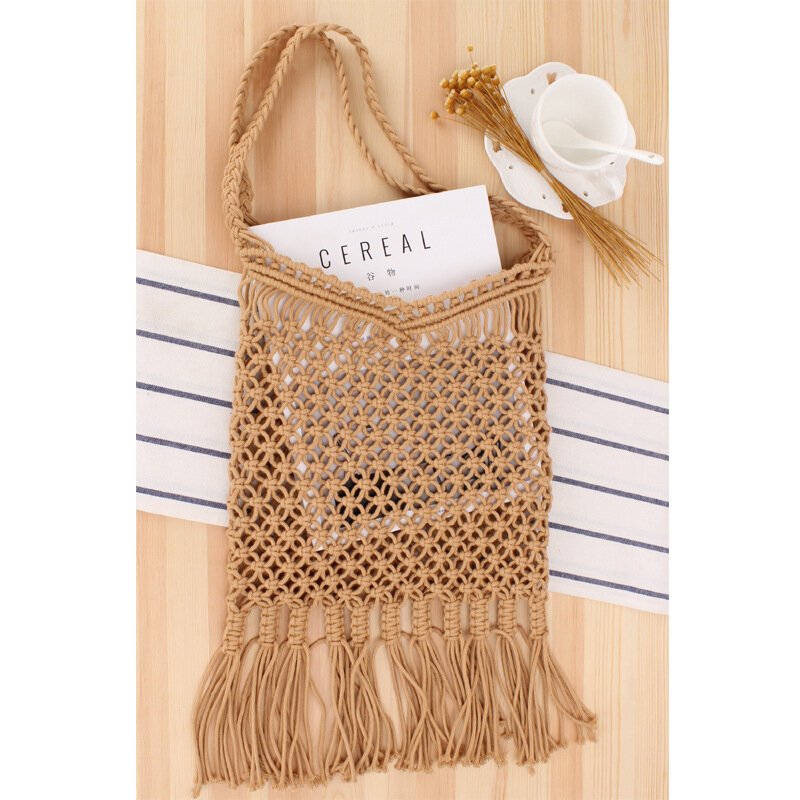 30x30CM New Hollow Hand-woven Bag Mesh Fringed One-shoulder Beach Bag Trend Female Natural Style Straw Bag a7131