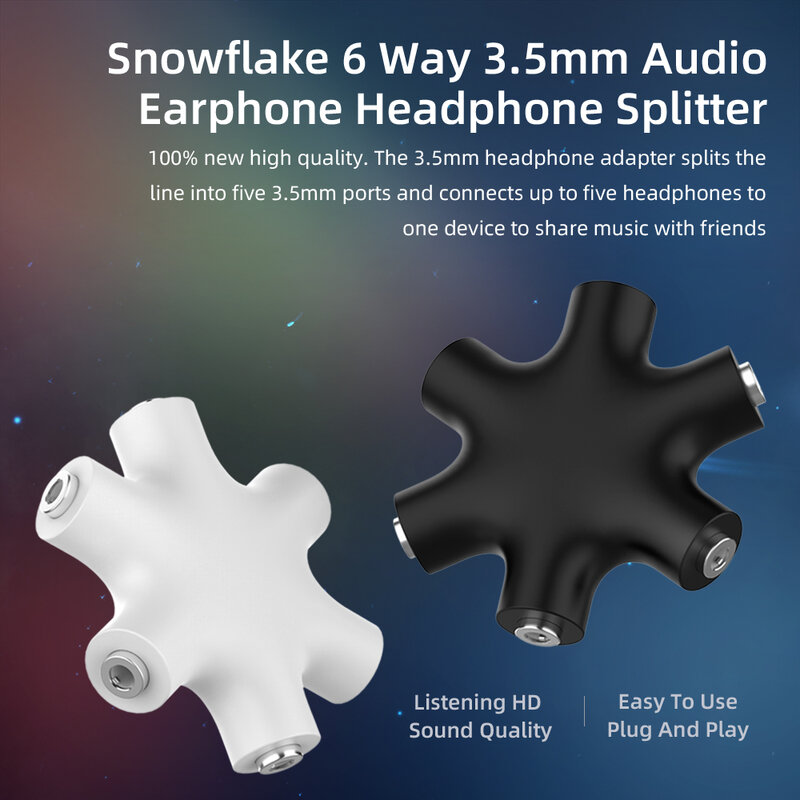 Audio Aux Cable Splitter, adaptador de compartilhamento para Tablet, MP3, MP4, telefone móvel inteligente, 1 macho para 5 porta de auscultadores fêmea, 3.5mm