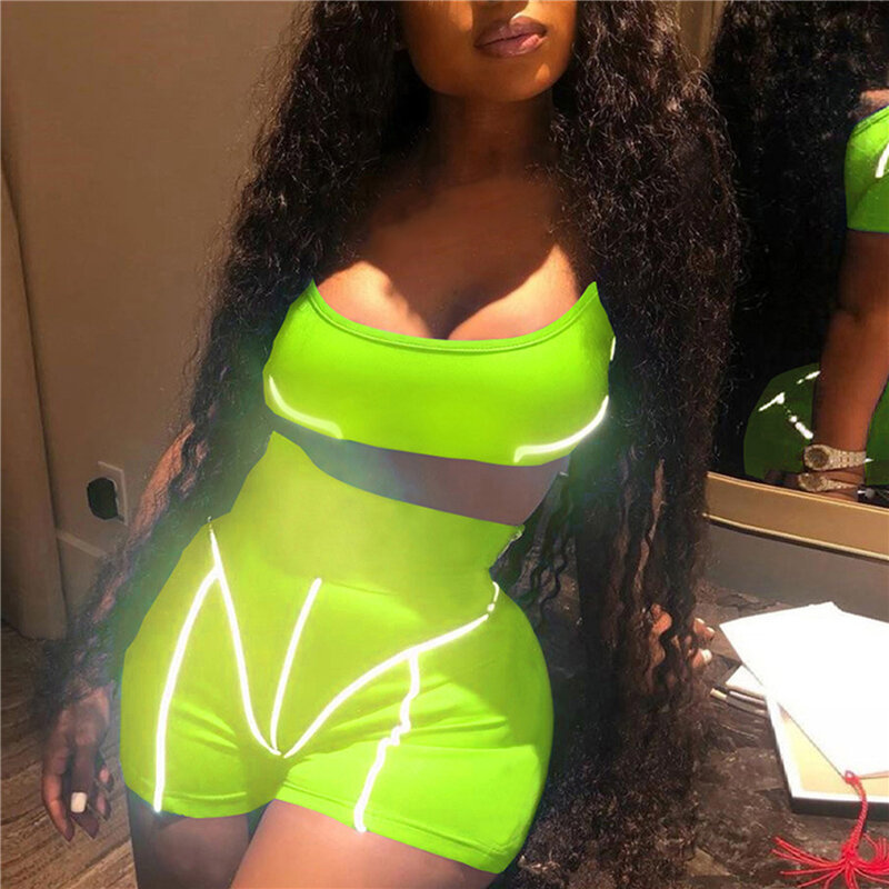Casual Neon Color Women Two Piece Sets Fashion Reflective Active Wear Tracksuit Crop Top And Shorts Matching Set Sport