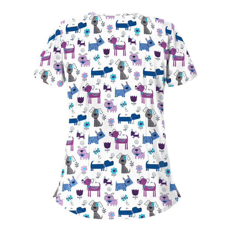 2021 여성 반팔 브이넥 포켓 케어 작업자 티셔츠, 고양이 강아지 프린트 간호사 유니폼, 클리닉 블라우스, 여름 작업복 상의