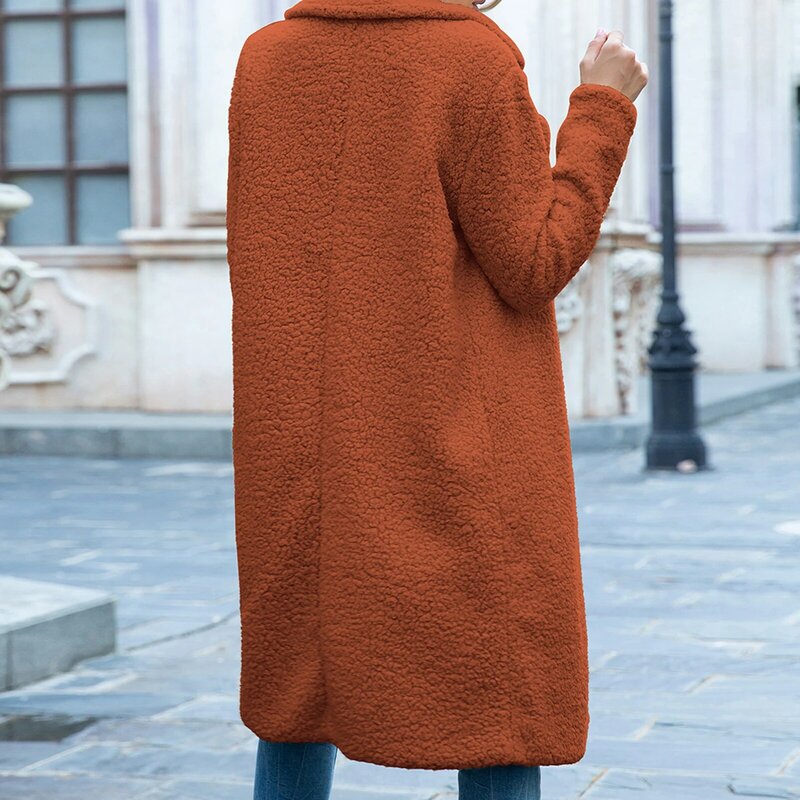 Женское зимнее теплое пальто из искусственного флиса с длинным рукавом и отворотом, куртка с открытой передней частью