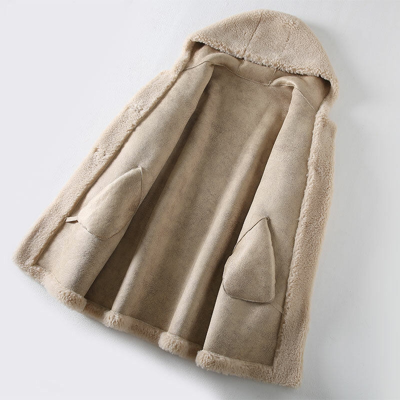 Casaco de pele de cordeiro para mulheres, jaqueta granulada genuína de corte de ovelha casual com capuz quente para senhoras, inverno, novo, M148, 2023