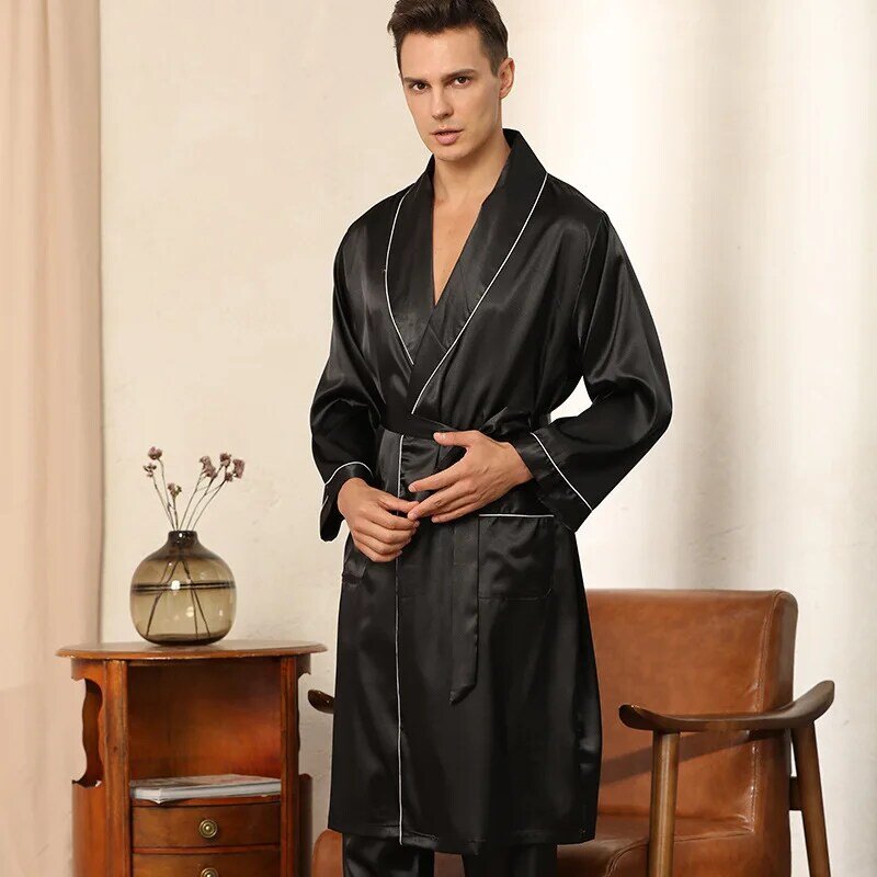 Халат и штаны мужские атласные, 2 предмета, Повседневная весенняя одежда для дома, интимное нижнее белье, черный комплект для сна, новинка, домашняя одежда, ночное белье
