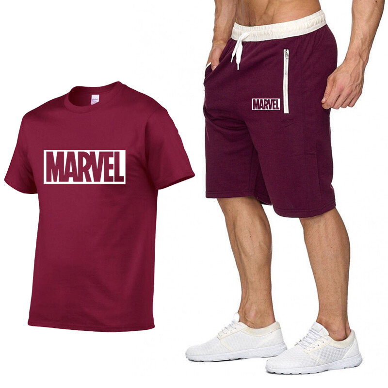 Nowa letnia nowa wyprzedaż męskie zestawy t-shirty + spodenki dwa kawałki zestawy dres codzienny MARVEL marka Tshirt siłownie Fitness odzież sportowa zestaw