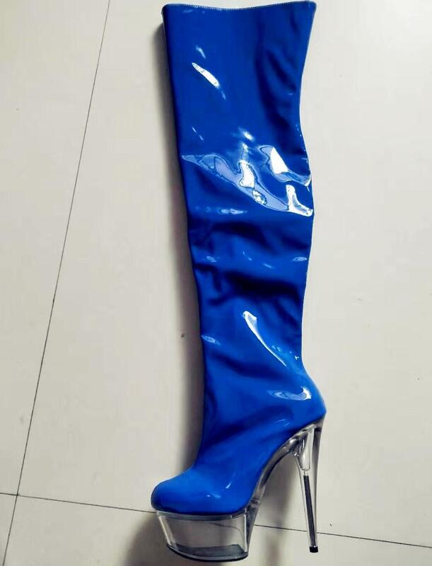 Botas sexys de suela transparente de 15 cm, súper botas hasta el muslo, el modelo muestra zapatos de baile de temperamento noble
