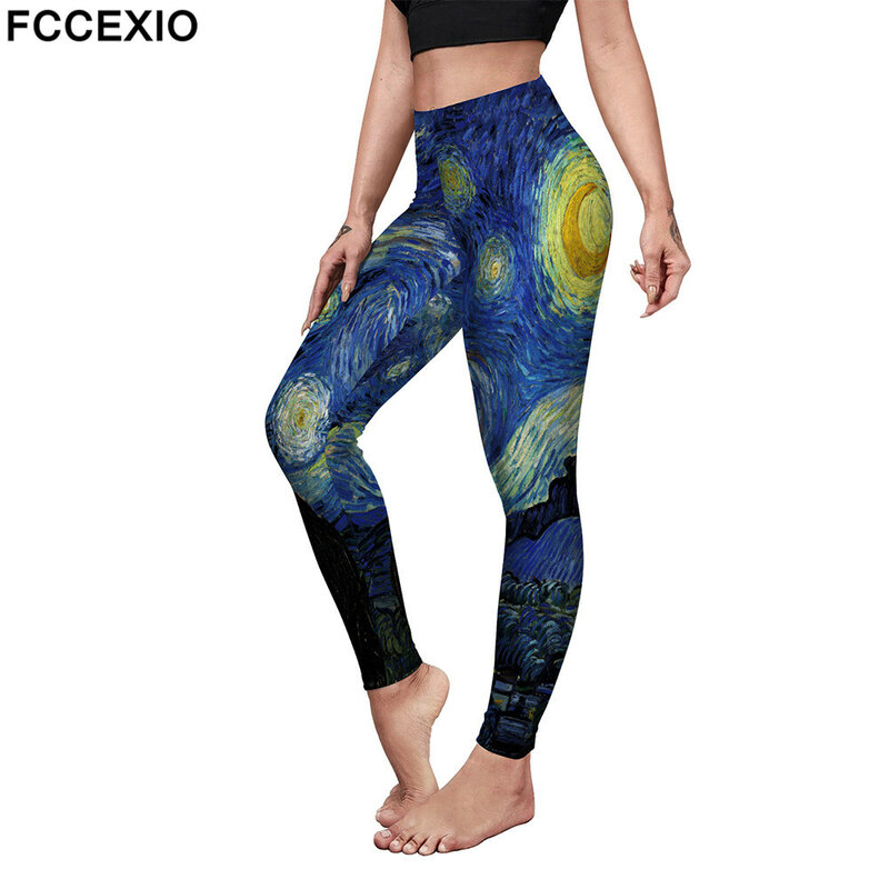 FCCEXIO Famous Oil Painting 3D Print Women Sexy  Seamless Leggings Casual Workout Fitness Pants Sports Trousers