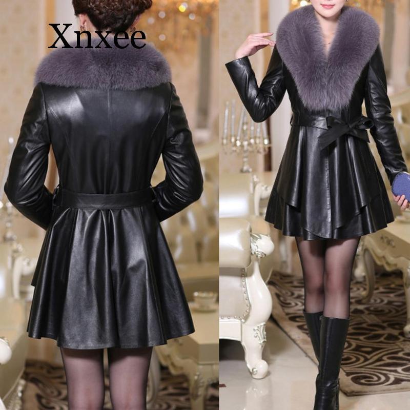 Elegante inverno cardigan babados casaco roupa de couro manga longa plutônio temperamento de couro outwear tendência falso pele feminina preto