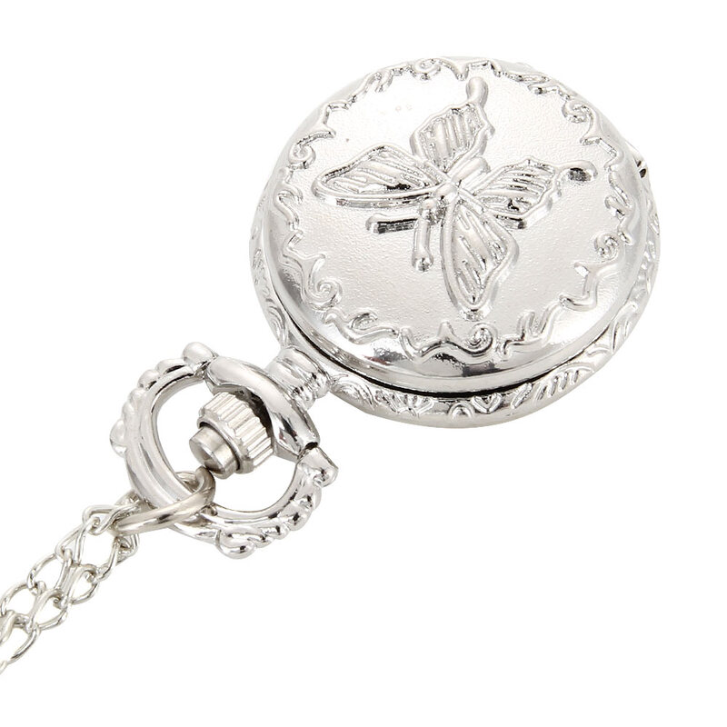 Reloj de bolsillo de cuarzo Vintage para mujer y niña, pulsera de aleación con flores, mariposa, collar con colgante, cadena de suéter, regalo EIG88