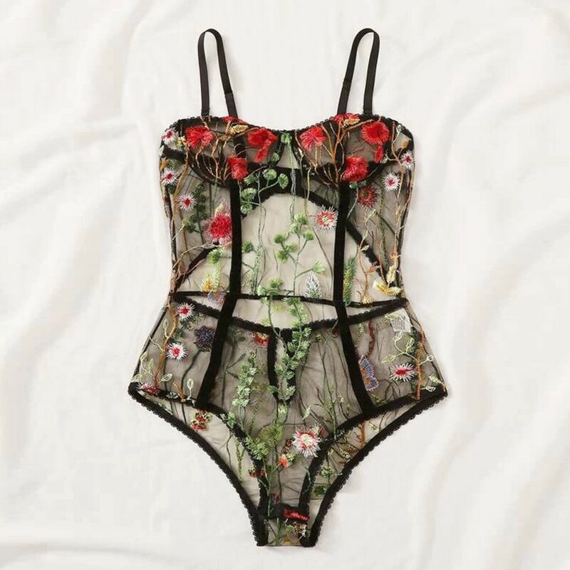 Lingerie Sexy Bra Siamese Women Printing Lace Stain Bow Lingerie Bodysuit Floral Embroidered Backless Pajamas Jumpsuit Lenceria