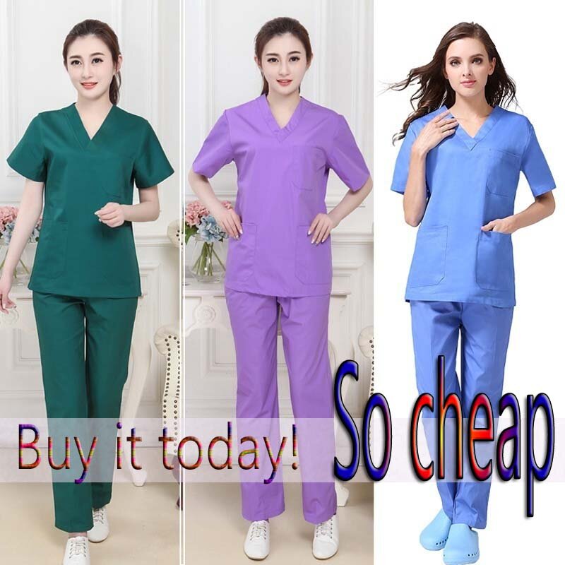 Moda de las mujeres Scrub Set enfermería Scrubs v-cuello Top con ventilación lateral y cintura elástica pantalones uniformes médicos de algodón cirugía