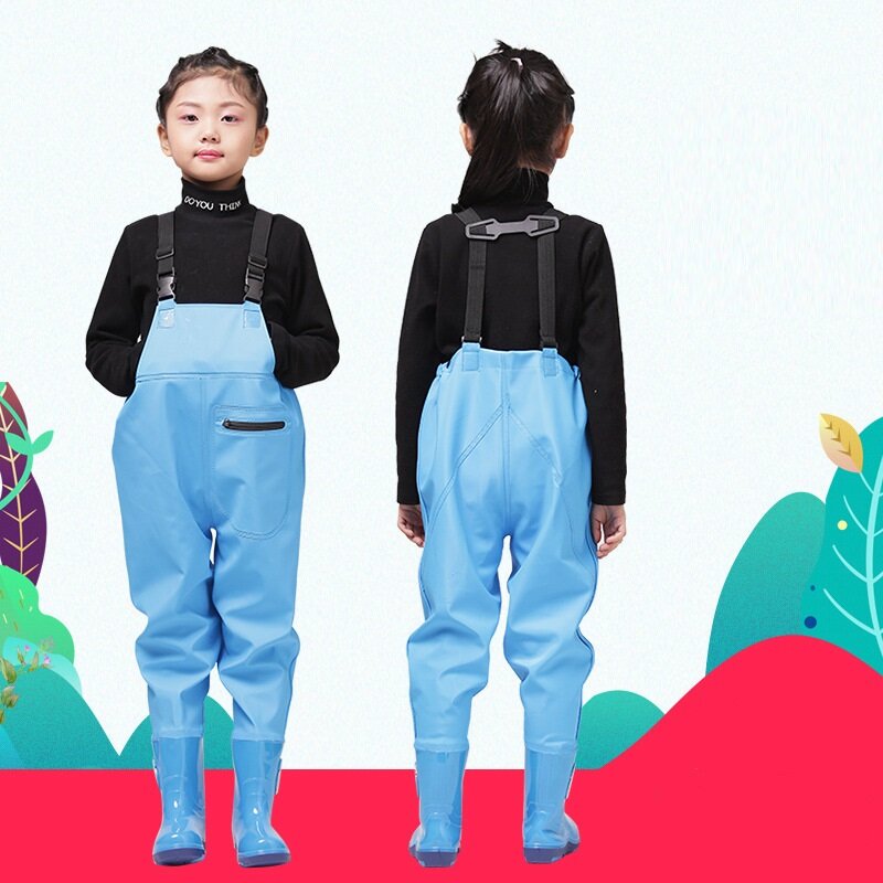 Fishing Chest Waders with Boots for Kids Outdoor Activities Girls Boys PVC Rain Pants+Waterproof Bootfoot, Max Foot 22cm(8.65in)