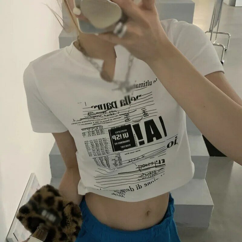 T-shirt estiva a maniche corte con scollo a V a maniche corte da donna t-shirt con stampa lettere scollo a V top comodi in stile coreano