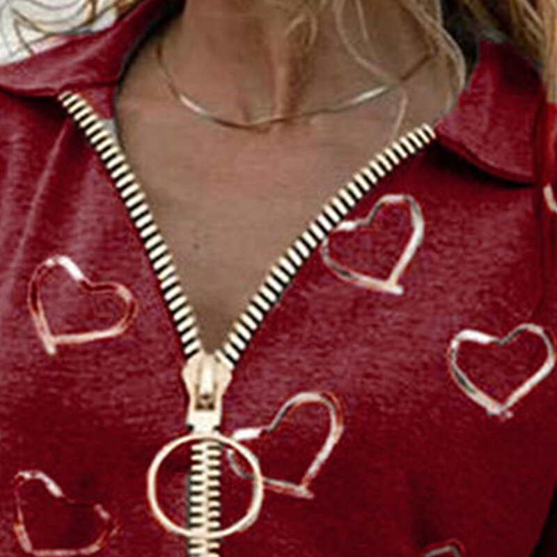 Blusa feminina casual com zíper decote em v coração impressão algodão mistura manga longa camisola blusa camisa rua wear ropa de mujer 2021