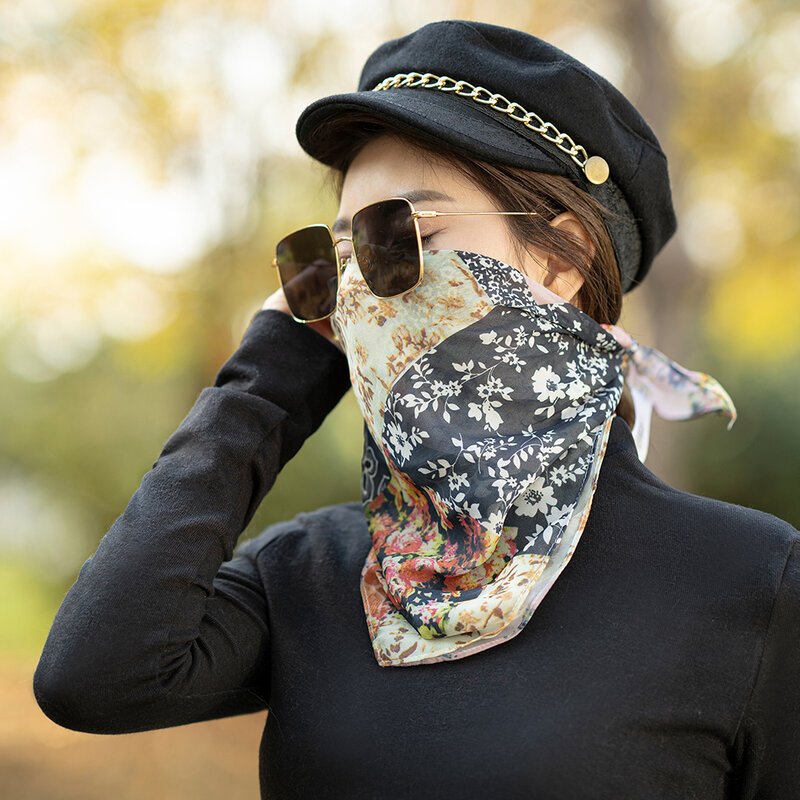 Bufanda para mujer, máscara facial, bufandas cuadradas de seda a la moda para primavera y verano, pañuelo Floral estampado para niñas, pañuelo de gasa de leopardo