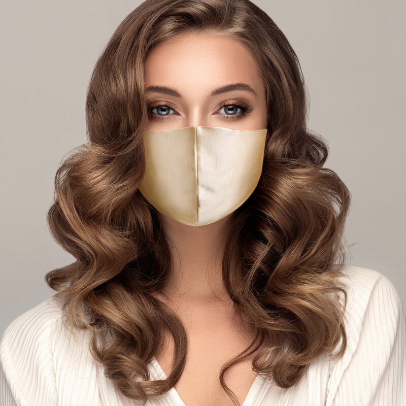 Masker Wajah Sutra Murbei Murni 100% Pria Wanita dengan Saku Filter Tali Telinga Dapat Disesuaikan Warna Emas Alami Dapat Digunakan Kembali Dicuci