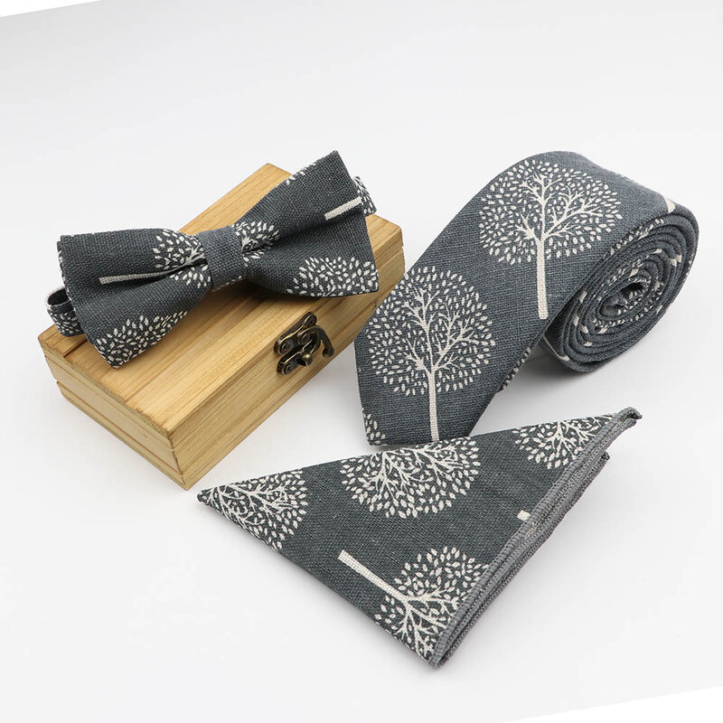 Conjunto de gravatas de linho com desenho de frutas e animais, conjunto quadrado de bolso com 3 peças de gravata, lenço de borboleta e acessório