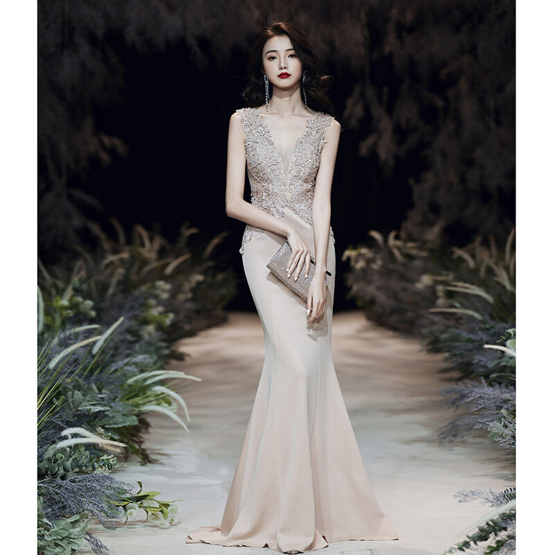 Женское вечернее платье-русалка, элегантное стильное платье с V-образным вырезом и цветочной аппликацией, для выпускного вечера, 2020