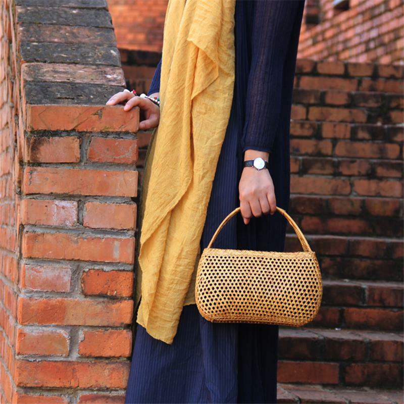 Bolso de bambú tejido para mujer, bolsa redonda de 20x15CM, cesta de playa de paja, a6103