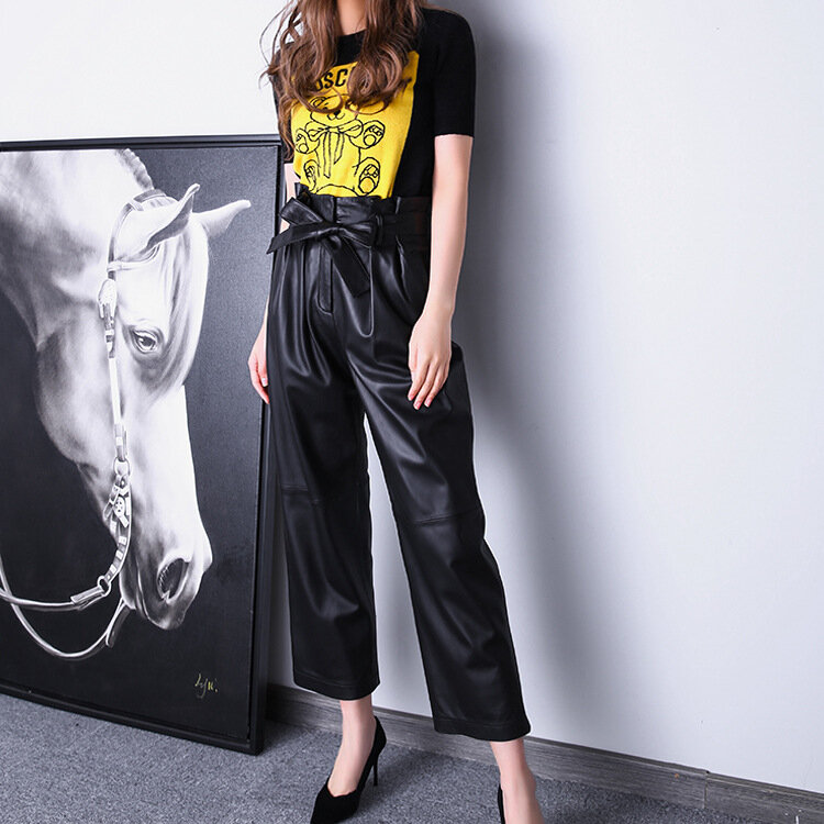 2022 Women New Style Women Genuine Leather Pants  High Waist With Belt Retail And Wholesale