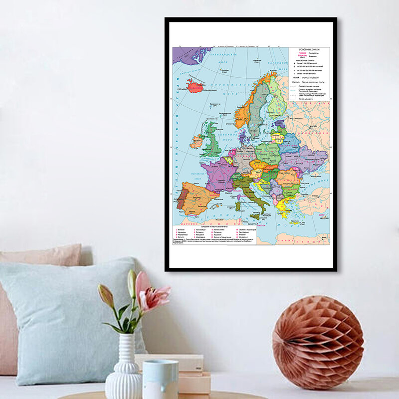 Poster de parede com mapa russo da europa, pintura em tela, decoração, material escolar, 60x90cm