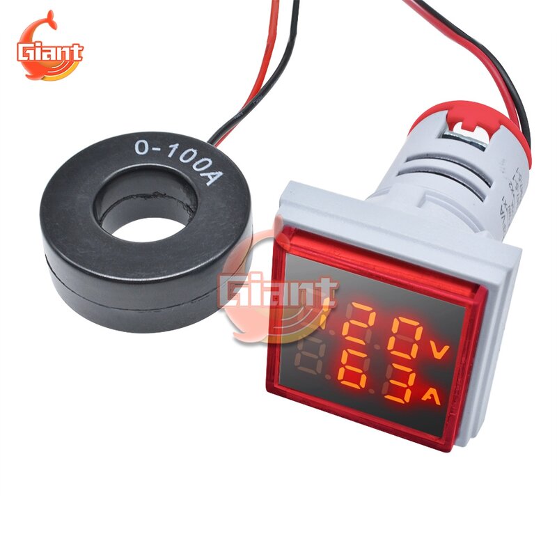 Amperímetro Digital de doble voltímetro, medidor de corriente y voltaje de 22mm, 500V AC 60-, LED cuadrado, medidor de 110V, 220V, 10A