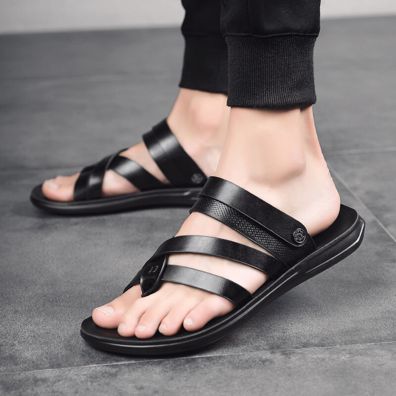 Obuwie plażowe japonki męskie moda oddychające letnie jasne oryginalne skórzane obuwie slajdy czarne sandały męskie