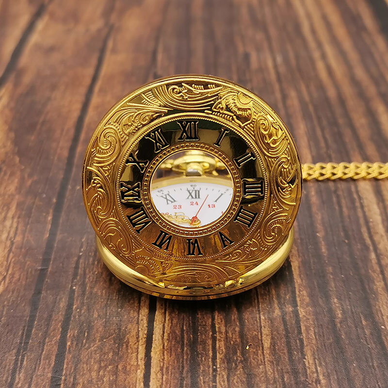 Luxury Gold ตัวเลขโรมัน Quartz นาฬิกาพ็อกเก็ตนาฬิกาผู้ชายผู้หญิง Hollow Vintage จี้สร้อยคอของขวัญที่ดีที่สุดสำหรับผู้ชายผู้หญิง